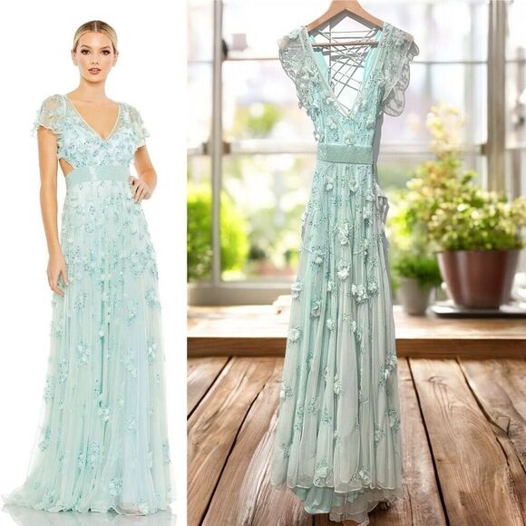 Mac Duggal 70275 Beaded 3D Floral Lace-Up Back Appliques Dress Gown - Picture 1 of 13